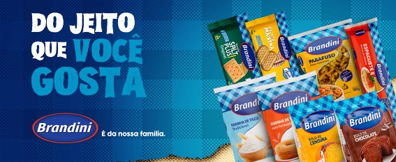 Imagem dos produtos Brandini em um fundo azul xadrez, com o texto