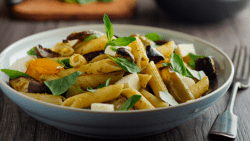 Imagem de um prato com uma porção da salada de penne com pesto e rúcula.